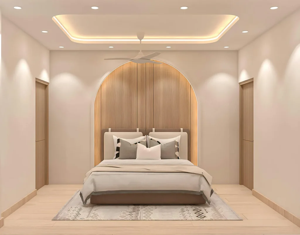 22:00 chuẩn bị ngủ — phòng ngủ sang trọng, đèn hắt vàng ấm, giường phẳng phiu